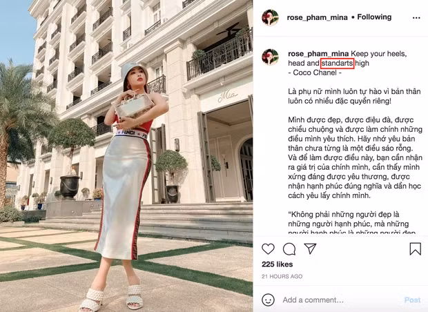 Mới nhất, khi đăng bức ảnh ôm chiếc túi xách Hermès Himalayan Crocodile Birkin da cá sấu bạch tạng tiền tỷ, vợ 2 Minh Nhựa đính kèm một câu nói nổi tiếng của Coco Chanel - nhà thiết kế thời trang người Pháp: "Keep your heels, head, and standards high" (Tạm dịch: "Phụ nữ phải biết đi giày cao gót, đầu phải luôn ngẩng cao và tiêu chuẩn cũng phải cao").