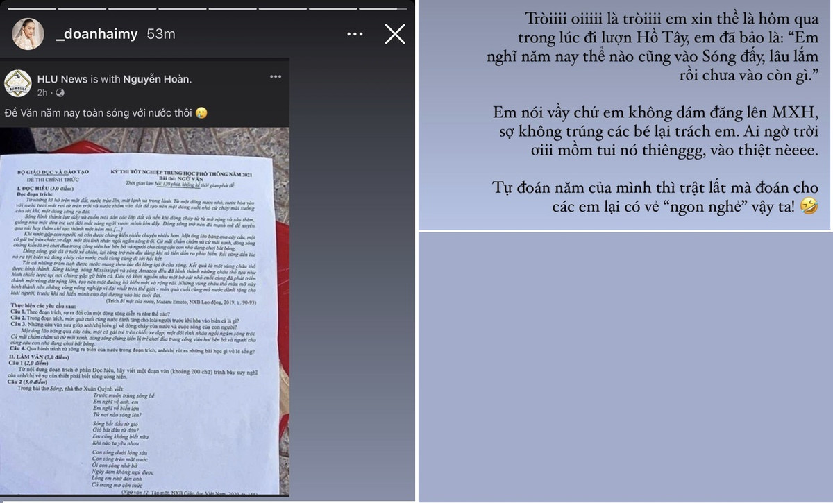 Hải My không ngại cho biết kỉ niệm đáng nhớ nhất buổi thi Văn vào đại học cách đây 2 năm của mình chính là... "lệch tủ". Đề Văn năm đó là về tác phẩm Ai Đã Đặt Tên Cho Dòng Sông nhưng bản thân top 10 Hoa hậu Việt Nam 2020 lại hoàn toàn không nghĩ đến, thậm chí còn đăng story cầu mong không vào bài này.