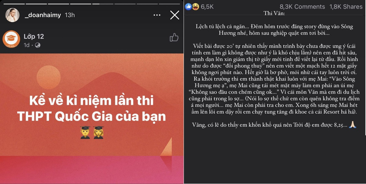 Không chỉ gửi lời chúc tới các sĩ tử dự thi, Doãn Hải My còn chia sẻ lại kỉ niệm thi cử và tiết lộ điểm số thi Đại học hồi bản thân bước vào kì thi tốt nghiệp THPT của mình.