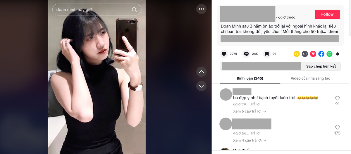 Thời điểm đó, những phát ngôn gây tranh cãi của Đoan Minh nhận về nhiều phản ứng trái chiều đến mức cô phải khóa trang cá nhân. Thậm chí cư dân mạng chế lại nhiều câu nói và đu trend trên TikTok.