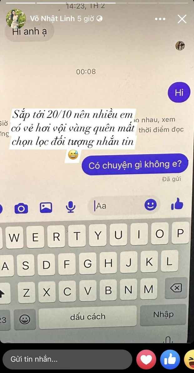 Trước đó Nhật Linh cũng đăng story về chủ đề 20/10 nhưng lại để “dằn mặt” những cô gái nhắn tin cho chồng mình.