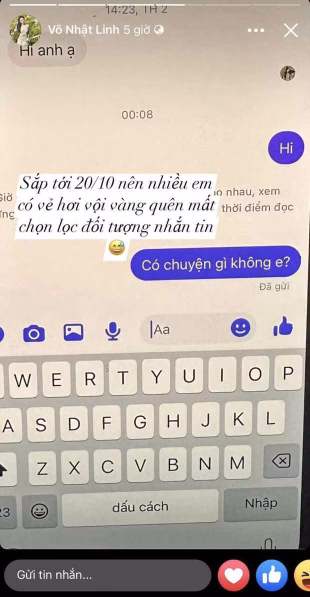 Trước đó Nhật Linh cũng đăng story về chủ đề 20/10 nhưng lại để “dằn mặt” những cô gái nhắn tin cho chồng mình.