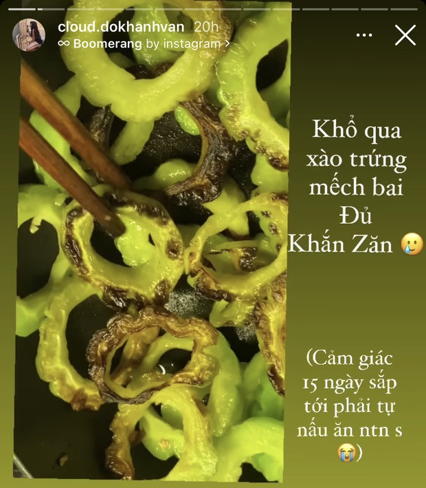 Sau đó, đến khâu nấu món chính thì thay vì cho ra một tác phẩm ngon lành, Khánh Vân lại lỡ tay sáng tạo nguyên đĩa khổ qua "bóng đêm".