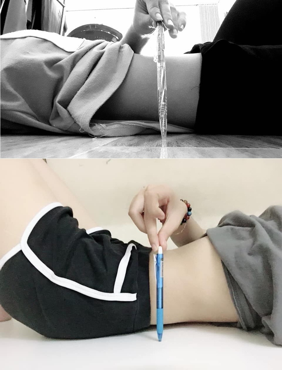 Đo eo thon bằng bút.