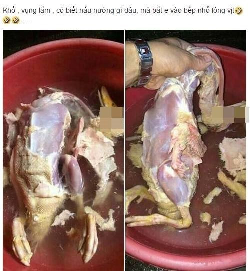 Con vịt thế này giờ thì còn ăn uống gì nữa đây? Chắc làm vịt om sấu rồi húp nước thôi chứ thịt đâu mà ăn...