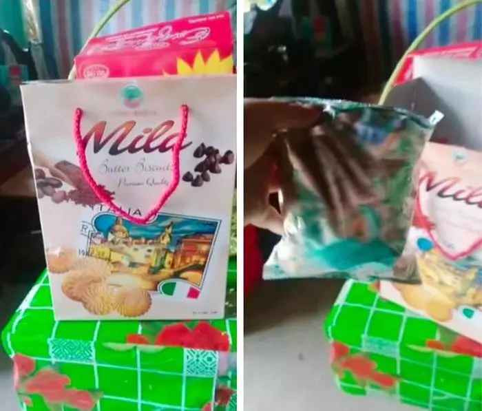 Những hộp bánh nhìn bề ngoài sang chảnh là vậy nhưng lúc khui ra, cả cô gái và cư dân mạng đều phải ngỡ ngàng vì bên trong chỉ có vỏn vẹn 1 túi nhỏ đựng bánh.