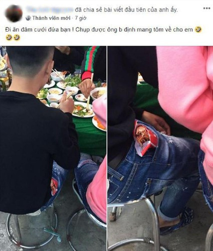 Theo đó, trong khi người đàn ông ngồi cùng mâm cỗ vẫn đang ăn uống bình thường thì người phụ nữ này lại gắp hết thức ăn trên đĩa vào túi nilon. Dù chiếc túi đựng khá đầy nhưng người này vẫn nhiệt tình gắp, mặc cho người đối diện vẫn đang thưởng thức cỗ cưới.