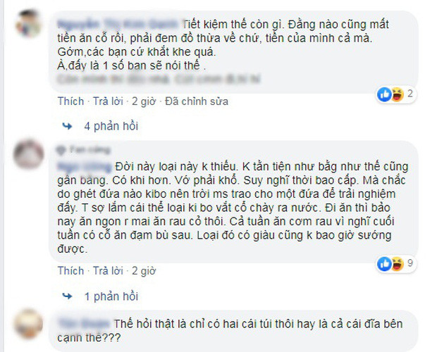 Chuyện nếu chỉ dừng ở đấy thì đã không sao rồi, ăn cỗ xong thì người yêu mình có chạy đi tìm tìm cái gì đấy, mình hỏi thì không trả lời. Đến lúc vào thì trên tay cầm theo cái túi nilong rồi trút hết thịt với giò còn thừa vào túi để lấy phần đem về". Cô gái chia sẻ thêm.