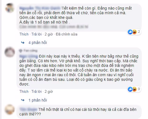 Chuyện nếu chỉ dừng ở đấy thì đã không sao rồi, ăn cỗ xong thì người yêu mình có chạy đi tìm tìm cái gì đấy, mình hỏi thì không trả lời. Đến lúc vào thì trên tay cầm theo cái túi nilong rồi trút hết thịt với giò còn thừa vào túi để lấy phần đem về". Cô gái chia sẻ thêm.