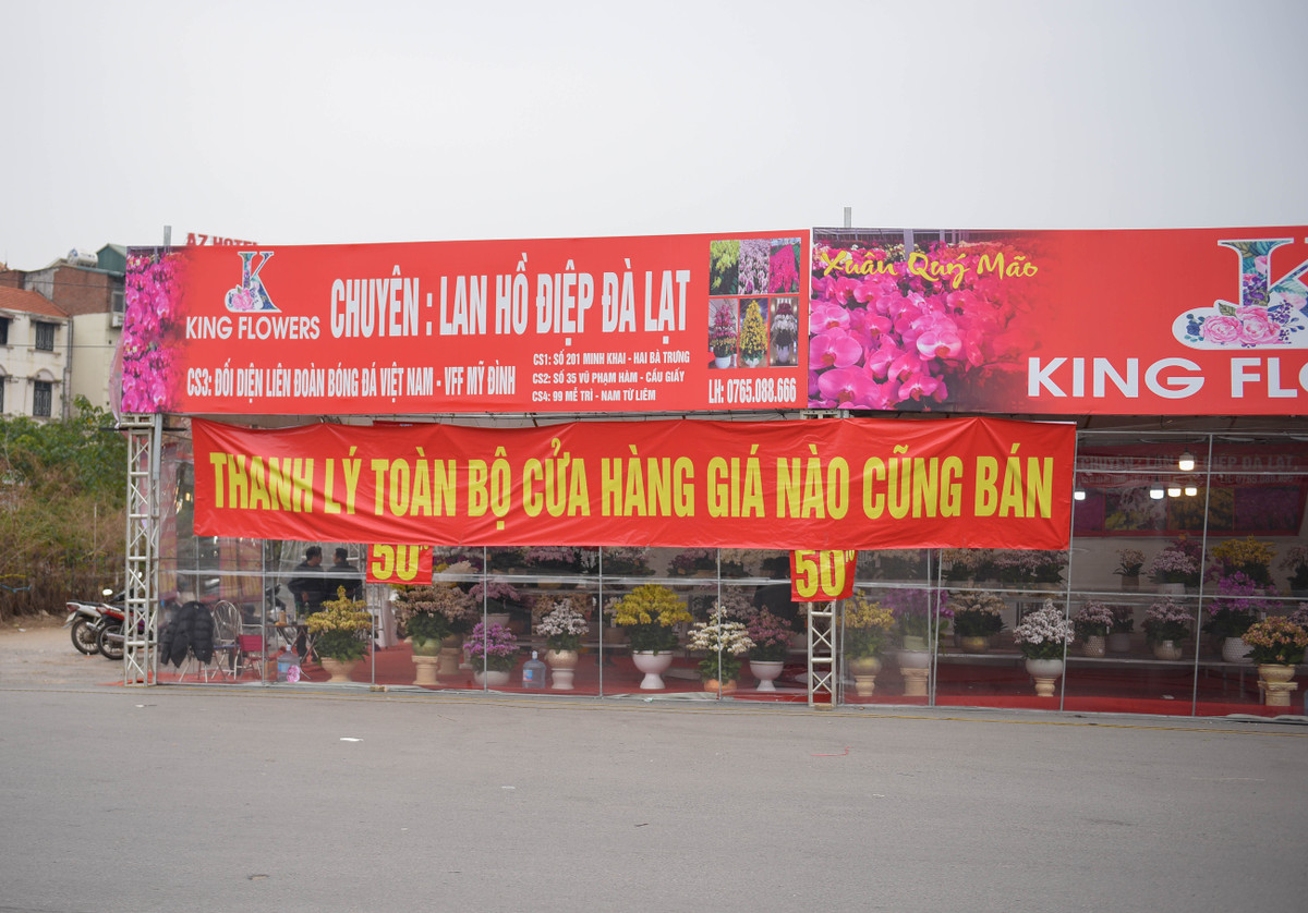 Một cửa hàng chuyên bán lan hồ điệp Đà Lạt với tấm biển thanh lý toàn bộ cửa hàng giá nào cũng bán.