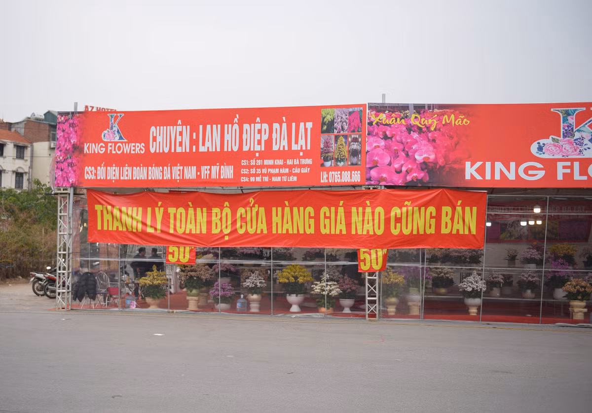Một cửa hàng chuyên bán lan hồ điệp Đà Lạt với tấm biển thanh lý toàn bộ cửa hàng giá nào cũng bán.