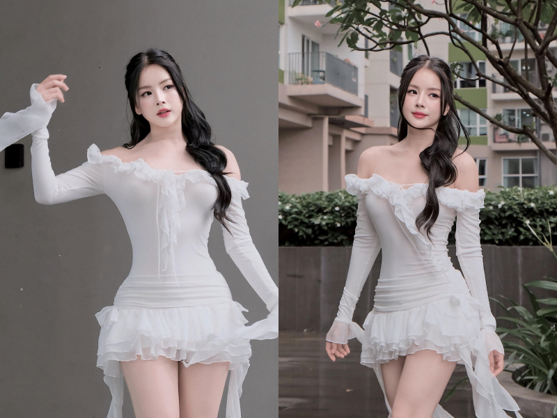 Đi kèm với bức ảnh diện váy trắng tuyệt đẹp, Mie còn kèm câu thả thính: "Đầm trắng có làm ai lo lắng".