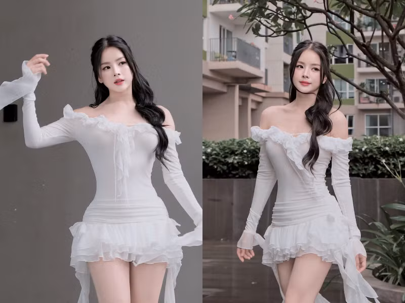 Đi kèm với bức ảnh diện váy trắng tuyệt đẹp, Mie còn kèm câu thả thính: "Đầm trắng có làm ai lo lắng".