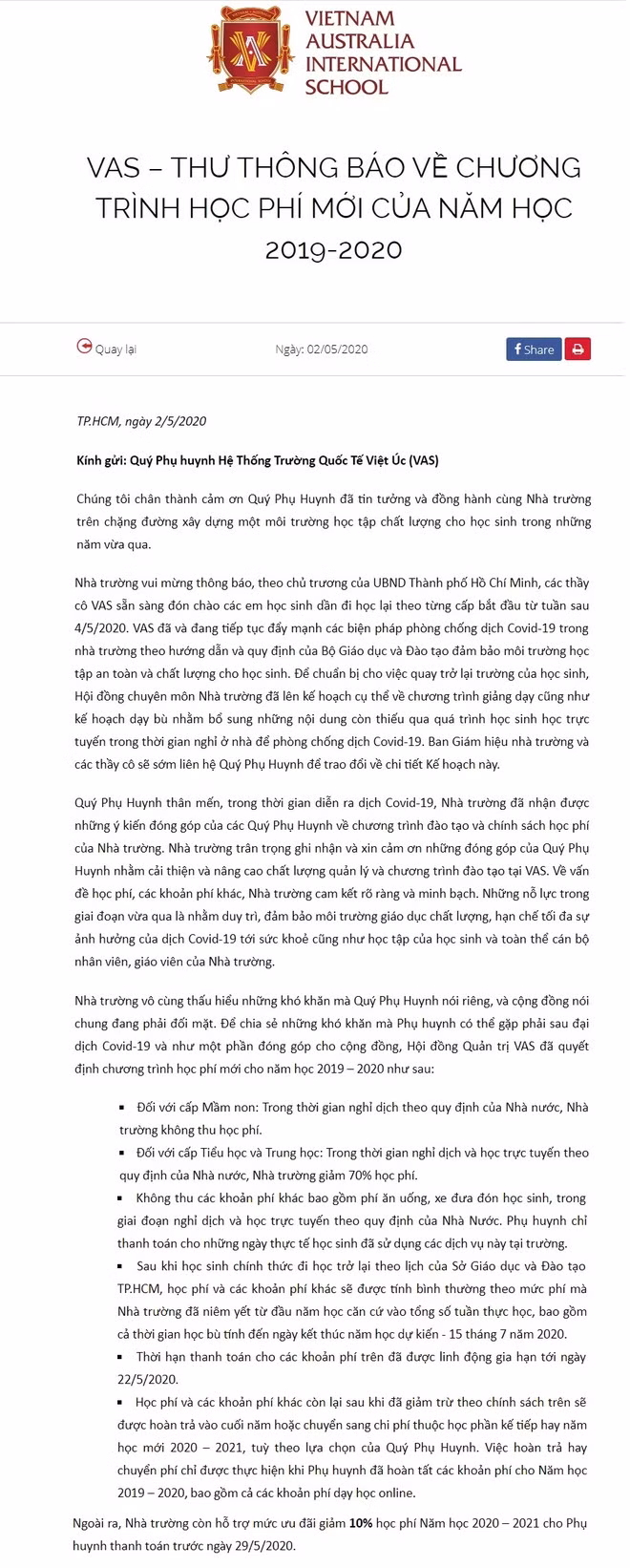 Bi phu huynh phan doi, truong Viet Uc mien, giam hoc phi mua dich