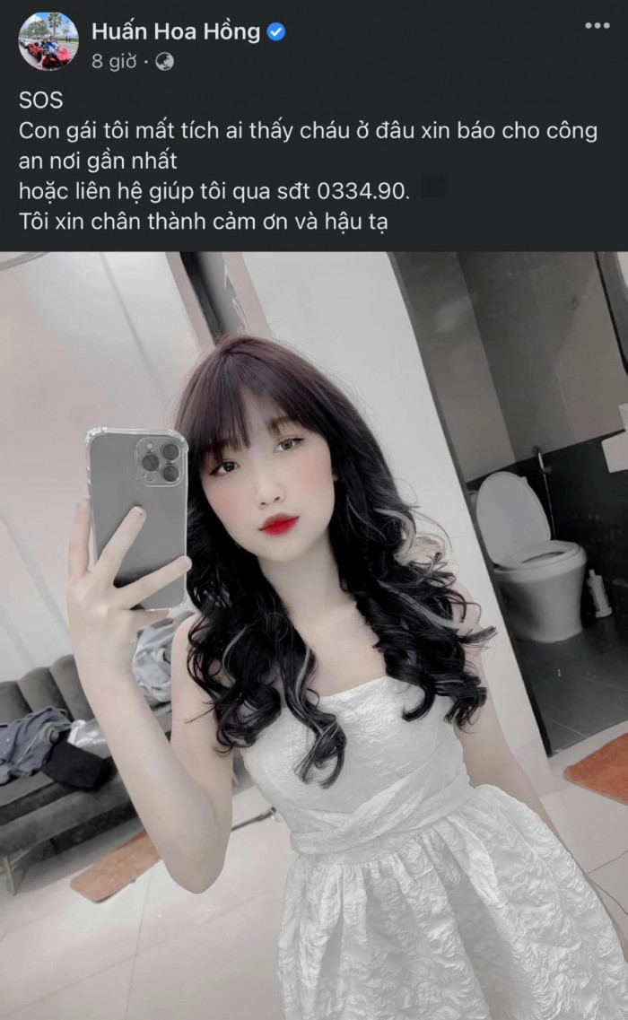 Trong ngày 7/5, bài đăng tìm con gái mất tích của Huấn Hoa Hồng. Nhân vật này viết trên trang cá nhân: “SOS . Con gái tôi mất tích ai thấy cháu ở đâu xin báo cho công an nơi gần nhất. Tôi xin chân thành cảm ơn và hậu tạ”.