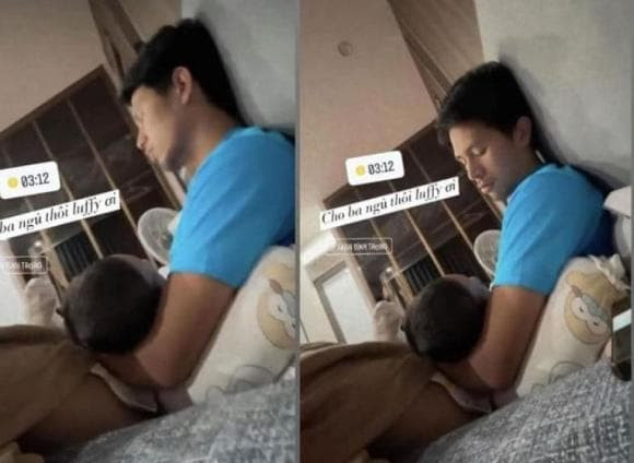 Mới đây, Huyền Trang (biệt danh Trang Heo) vợ Đình Trọng đã đăng ảnh chồng "chân co chân duỗi" khi bế con ngủ. Nhiều người khen ngợi sự khéo léo của chàng cầu thủ và hỏi: "Đình Trọng đi mổ chưa?"