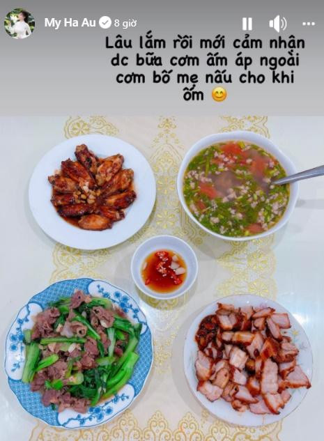 Ở một story khác, Âu Hà My khoe thành quả nấu nướng của nhân vật giấu mặt. Đó là mâm cơm với rất nhiều món ăn hấp dẫn kèm theo dòng trạng thái: "Lâu lắm rồi mới cảm nhận được bữa cơm ấm áp ngoài cơm bố mẹ nấu cho khi ốm".