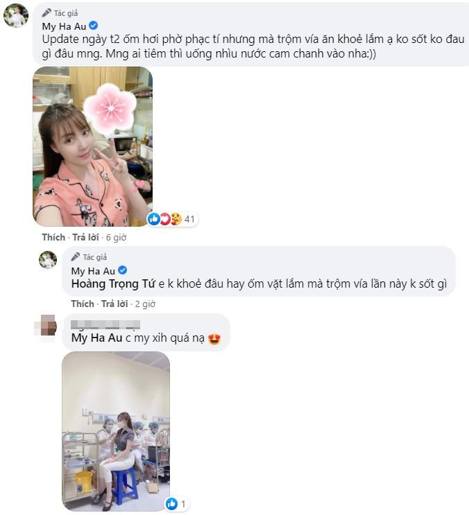 Cụ thể, nữ giảng viên Âu Hà My chia sẻ: "Update ngày thứ 2 ốm hơi phờ phạc tí nhưng mà trộm vía ăn khoẻ lắm ạ. Không sốt, không đau gì đâu mọi người. Mọi người ai tiêm thì uống nhiều nước cam, chanh vào nha".