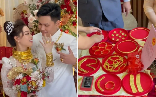 Tất cả số vàng, chìa khoá ô tô và sổ đỏ được bày trên bàn là của hồi môn bố mẹ vợ tặng cho cô dâu và chú rể trong ngày trọng đại.