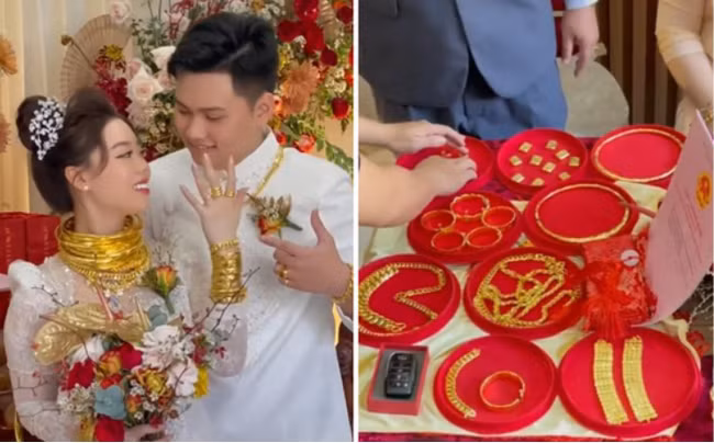 Tất cả số vàng, chìa khoá ô tô và sổ đỏ được bày trên bàn là của hồi môn bố mẹ vợ tặng cho cô dâu và chú rể trong ngày trọng đại.