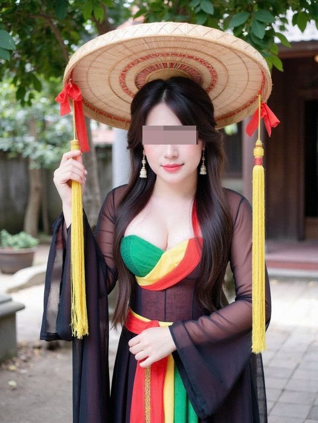 Theo đó, vẫn là trang phục áo ngũ thân và nón quai thao, nhưng cô gái này lại có phần cắt xẻ vô cùng táo bạo khiến phần áo trong cùng có xu hướng hở gần hết vòng 1.