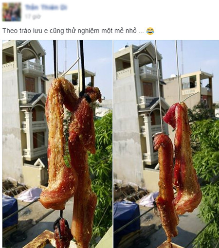 Nghe ngóng kinh nghiệm của hội chị em rằng treo thịt trước cục nóng điều hoà để vừa khô ngoài mà vẫn mềm trong. Vậy nên sau khi hết ánh mặt trời là bà nội trợ trên đã cho điều hoà chạy, tiếp tục để hong thịt.