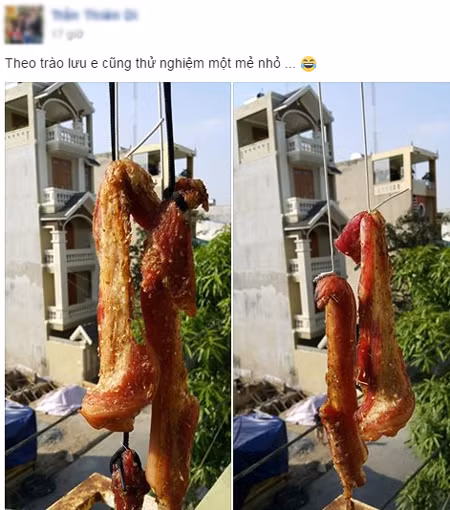 Nghe ngóng kinh nghiệm của hội chị em rằng treo thịt trước cục nóng điều hoà để vừa khô ngoài mà vẫn mềm trong. Vậy nên sau khi hết ánh mặt trời là bà nội trợ trên đã cho điều hoà chạy, tiếp tục để hong thịt.