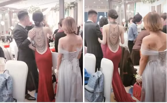 Màu da của áo tiệp vào người, kết hợp cùng thiết kế bó sát hình thể nên việc nhiều người hiểu lầm cô dâu diện đồ hở trọn tấm lưng trần là hoàn toàn dễ hiểu, nếu chưa xem kỹ.