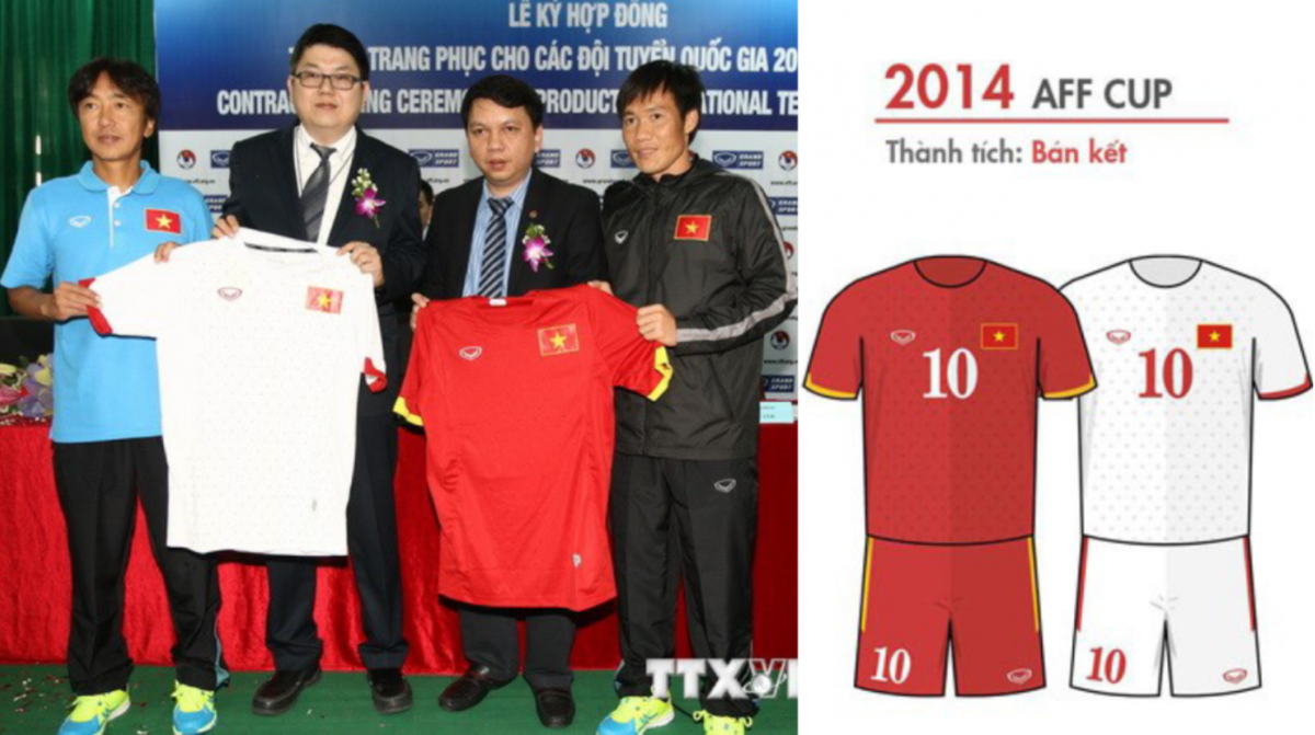 Trang phục thi đấu đội tuyển Việt Nam năm 2014 do Công ty Grand Sport Group (GSG) của Thái Lan tài trợ, quần áo được sản xuất bằng chất liệu tốt, tạo cảm giác thoải mái cho các cầu thủ, đồng thời chứa đựng thông điệp về niềm đam mê, khát vọng cống hiến và chinh phục.