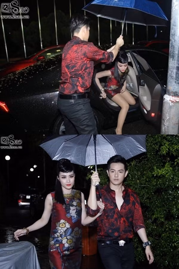Rồi cả khi đi sự kiện gặp trời mưa, Ông Cao Thắng cũng sợ người yêu bị ướt nên đã cầm du che chắn, đón cô ngay cửa xe.