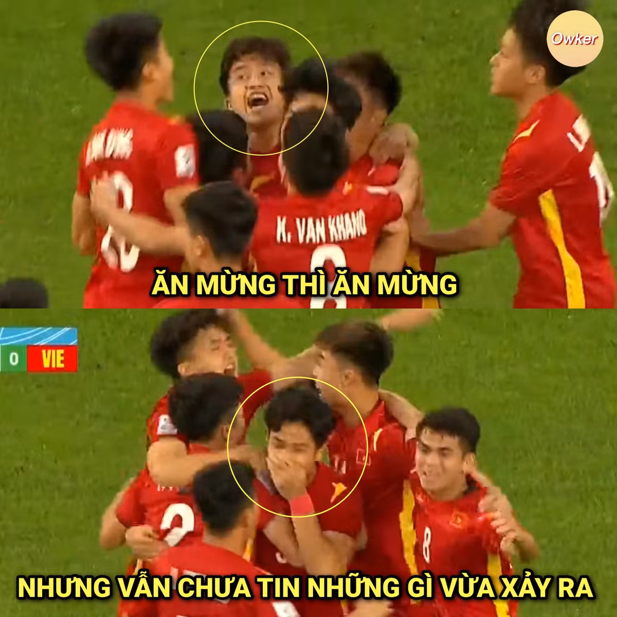 Bức ảnh chế, chưa kịp chạy "nóng máy" Duy Cương đã được ăn mừng bàn thắng của U23 Việt Nam.