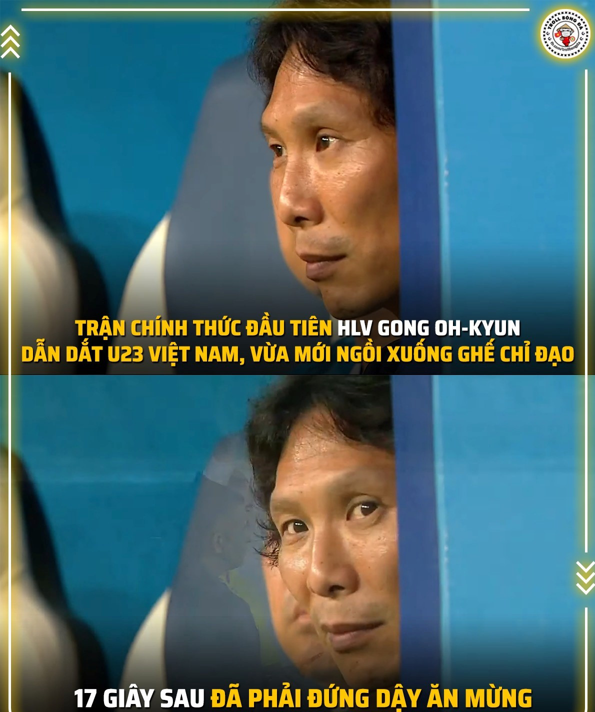 Chính thức ngồi ghế nóng tại U23 Việt Nam chưa ấm chỗ, HLV Gong Oh Kyun đã phải đứng dậy ăn mừng bàn thắng của học trò.