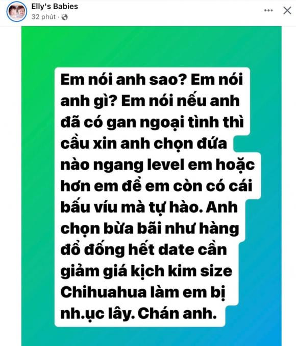 Sau đó, cựu hot girl liên tục hé lộ góc khuất cuộc hôn nhân 10 năm bằng loạt bài viết trên Facebook, thu hút sự chú ý đặc biệt của dư luận. Mỗi bài đăng của Elly Trần trên trang cá nhân đều nhận được lượt tương tác cực "khủng" trên mạng xã hội, đông đảo cư dân mạng đều đứng về phía bà mẹ 2 con và chỉ trích người chồng bội bạc của cô.