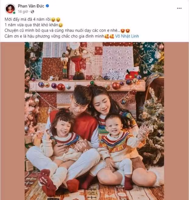 Trên trang cá nhân tiền vệ Phan Văn Đức chia sẻ: "Mới đấy mà đã 4 năm rồi, năm vừa qua thật khó khăn. Chuyện cũ mình bỏ qua và cùng nhau nuôi dạy các con em nhé. Cảm ơn em là hậu phương vững chắc cho gia đình mình".