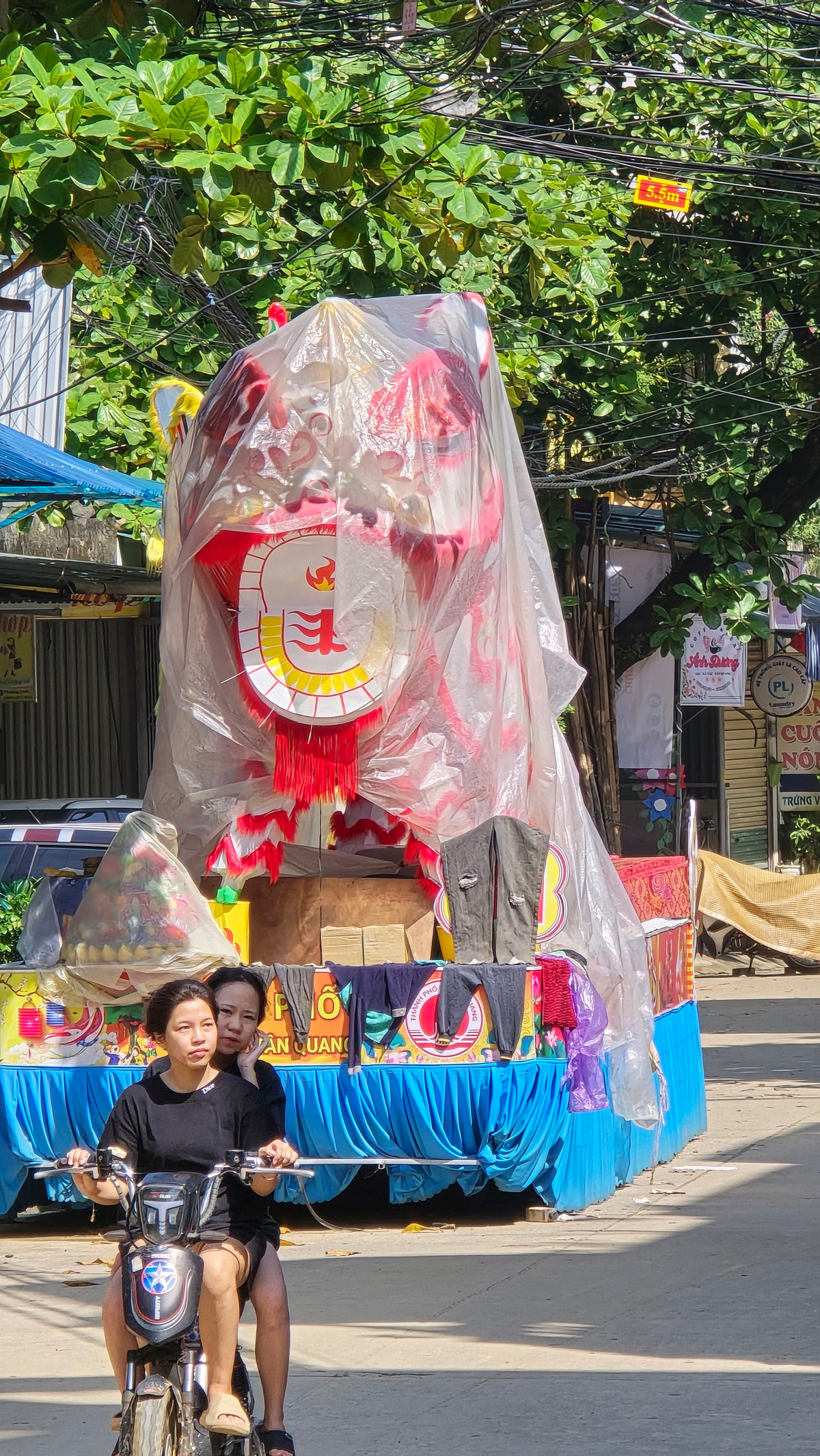 Mô hình hai chú lân khổng lồ được mặc áo mưa, che chắn qua những ngày mưa bão.