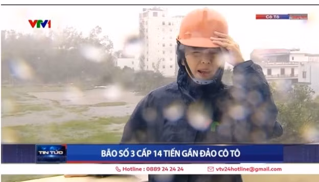 Nữ phóng viên VTV dũng cảm tác nghiệp giữa siêu bão Yagi tại huyện đảo Cô Tô là Tùng Thư. Cô nàng dũng cảm lên hình bất chấp điều kiện thời tiết vô cùng khắc nghiệt và nguy hiểm.