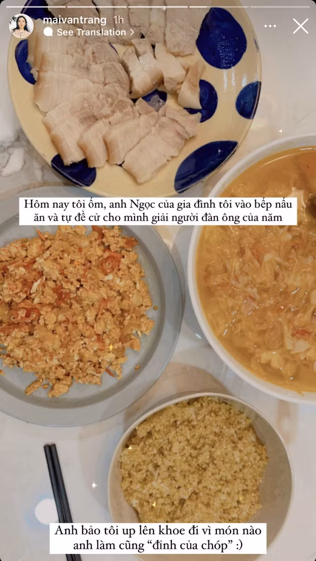 Mai Vân Trang khoe mâm cơm "anh nhà" nấu khiến ai cũng phải ghen tị.