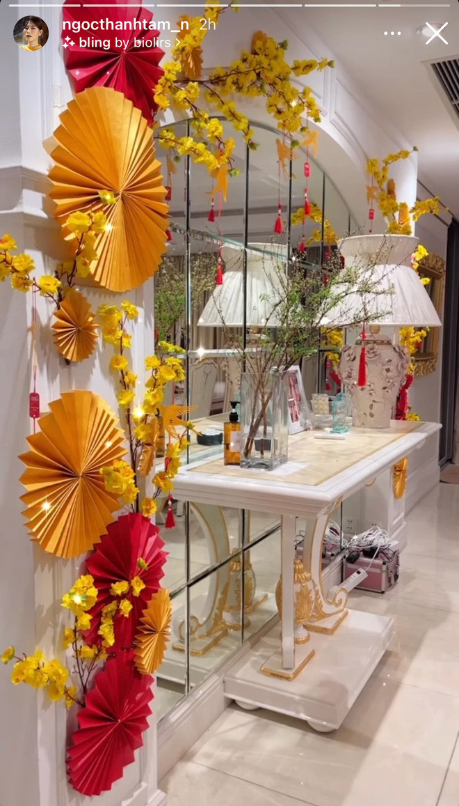 Phía bên trong căn hộ của ái nữ đại gia thủy sản là 2 cây đào và cây mai cỡ lớn với đủ đồ trang trí bắt mắt.