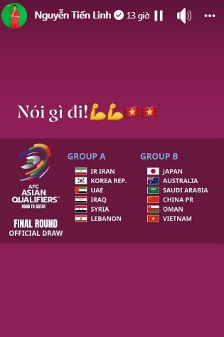 Tiến Linh cảm thán về kết quả bốc thăm: "Nói gì đi", kèm biểu tượng cánh tay thể hiện sự cố gắng.