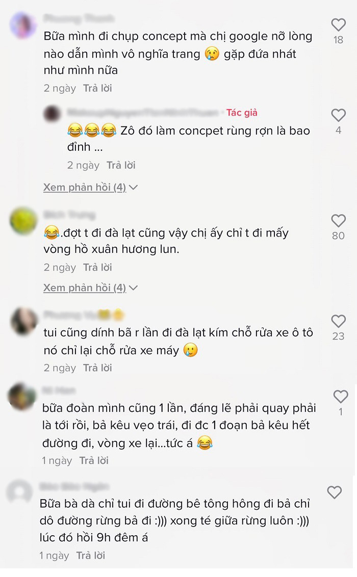 Nhìn vào đoạn đường gập ghềnh sỏi đá, một bên là rừng, một bên là núi khiến người thợ trang điểm cũng “dở khóc dở cười”. Dưới phần bình luận, người thợ trang điểm cũng cho biết thêm: “Này đi từ 2h sáng mà lạc vào đó tới hơn 4h sáng hơn. Gọi thì cô dâu cứ bảo chạy theo định vị là tới, má ơi… lên đỉnh núi luôn."