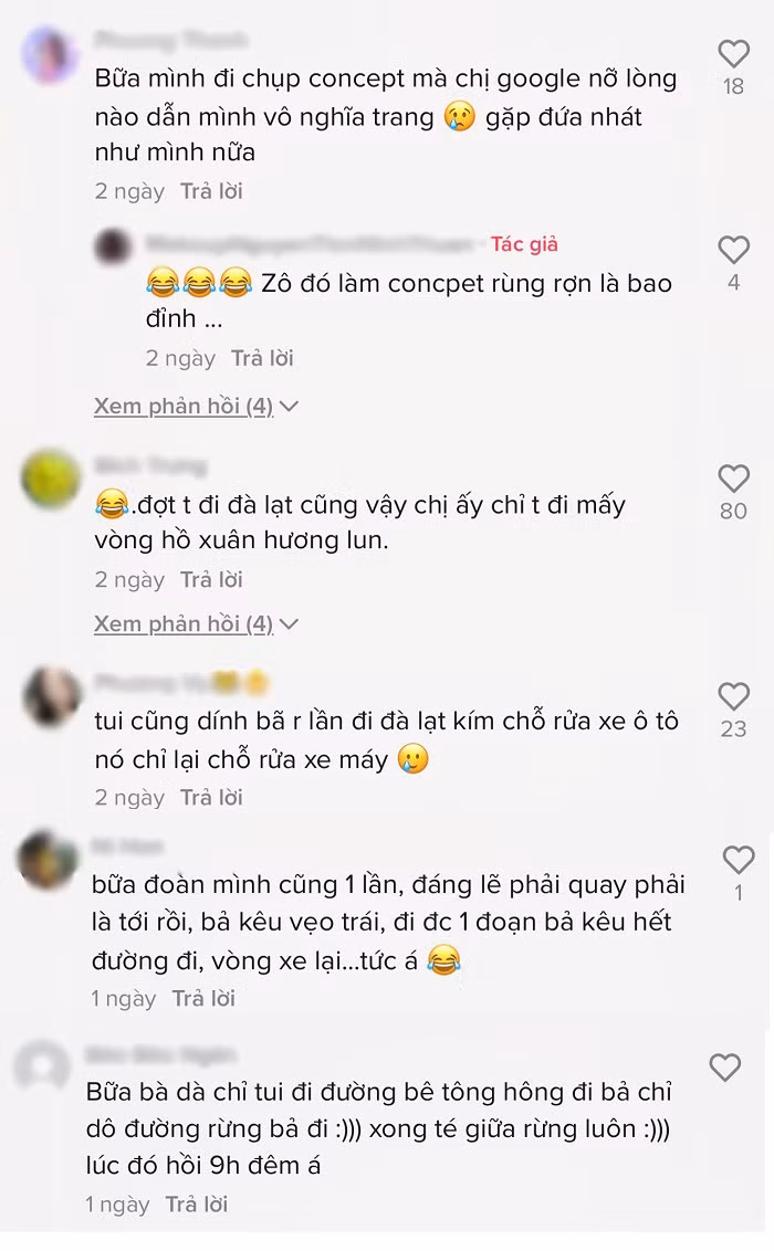 Nhìn vào đoạn đường gập ghềnh sỏi đá, một bên là rừng, một bên là núi khiến người thợ trang điểm cũng “dở khóc dở cười”. Dưới phần bình luận, người thợ trang điểm cũng cho biết thêm: “Này đi từ 2h sáng mà lạc vào đó tới hơn 4h sáng hơn. Gọi thì cô dâu cứ bảo chạy theo định vị là tới, má ơi… lên đỉnh núi luôn."