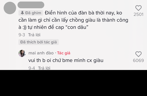Điển hình nhất là một nhận xét khó nghe về Mai Anh: "Điển hình của đàn bà thời nay, không cần làm gì chỉ cần lấy chồng giàu là thành công à? Tự nhiên để cap con dâu".