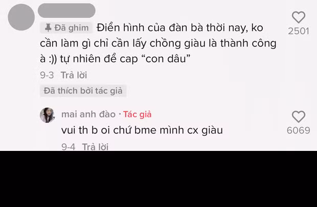 Điển hình nhất là một nhận xét khó nghe về Mai Anh: "Điển hình của đàn bà thời nay, không cần làm gì chỉ cần lấy chồng giàu là thành công à? Tự nhiên để cap con dâu".