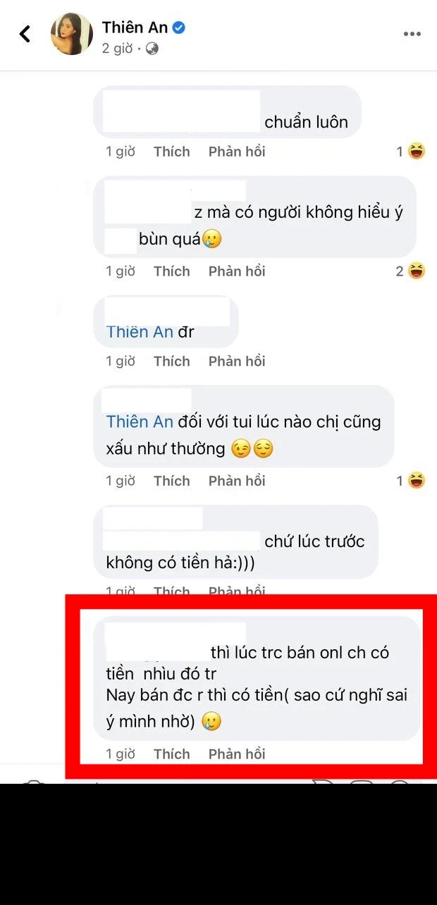 Nhiều dân mạng cho rằng Thiên An vốn dĩ lúc nào cũng xinh đẹp, đâu cần phải đợi đến lúc có tiền mới được như hôm nay. Một ý kiến khác cảm thấy khó hiểu vì không lẽ lúc trước gái xinh lại chẳng có tiền.