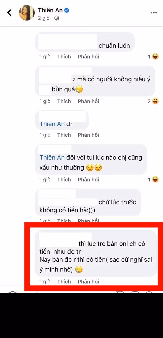 Nhiều dân mạng cho rằng Thiên An vốn dĩ lúc nào cũng xinh đẹp, đâu cần phải đợi đến lúc có tiền mới được như hôm nay. Một ý kiến khác cảm thấy khó hiểu vì không lẽ lúc trước gái xinh lại chẳng có tiền.