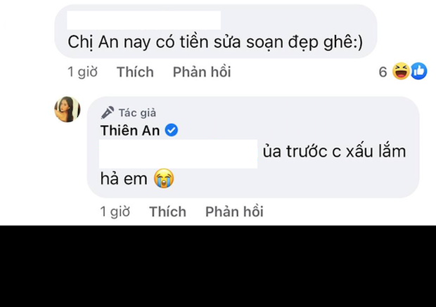 Cụ thể, người này cho rằng Thiên An dạo này có tiền nên nhan sắc trông có vẻ được "tút tát" hơn xưa. Ngay sau đó, "gái một con" này đã lập tức có phản hồi: "Ủa trước chị xấu lắm hả em?".