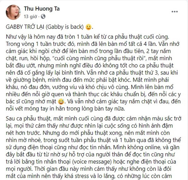 Trên trang cá nhân, nữ MC viết tâm thư dài thông báo hiện đôi mắt của cô đang dần dần hồi phục và đã bắt đầu nhìn rõ trở lại.