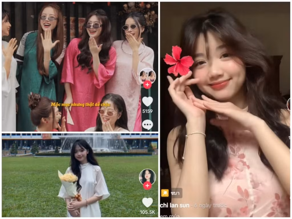 Bên cạnh đó, vũ đạo trong bài hát Em xinh cũng được các bạn trẻ biến tấu thành nhiều cách để khoe nhan sắc. Điển hình nhất là những clip các cô nàng mặc áo dài truyền thống tươi cười rạng rỡ, tự tin...