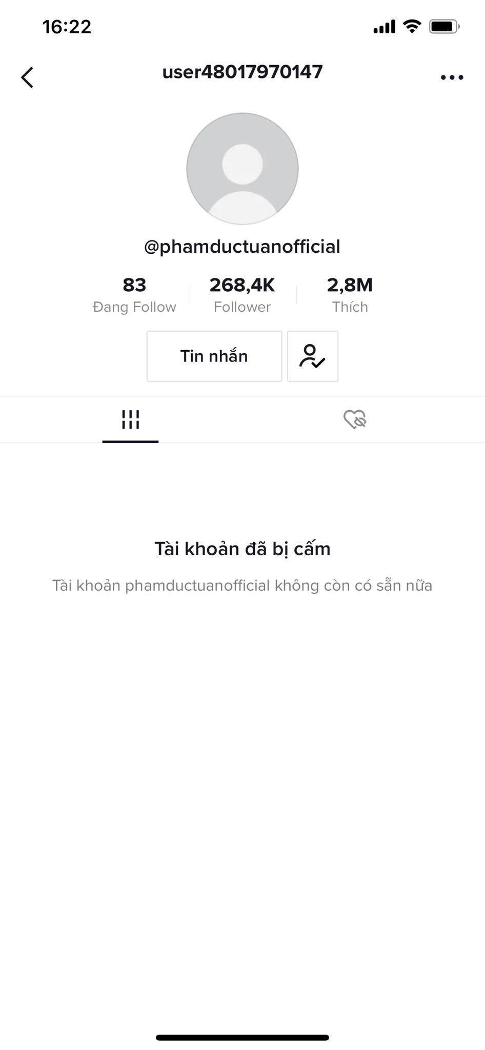 Mới đây, netizen lại phát hiện kênh TikTok mới lập của TikToker Nờ Ô Nô cũng đã bị khóa.