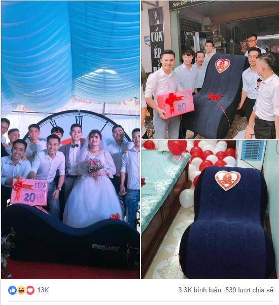 Trên nền nhạc chế nổi tiếng của TikTok, hơn chục đứa bạn thân của chú rể người thì khiêng ghế tình yêu, người thì cầm chậu nước, lồng bàn...